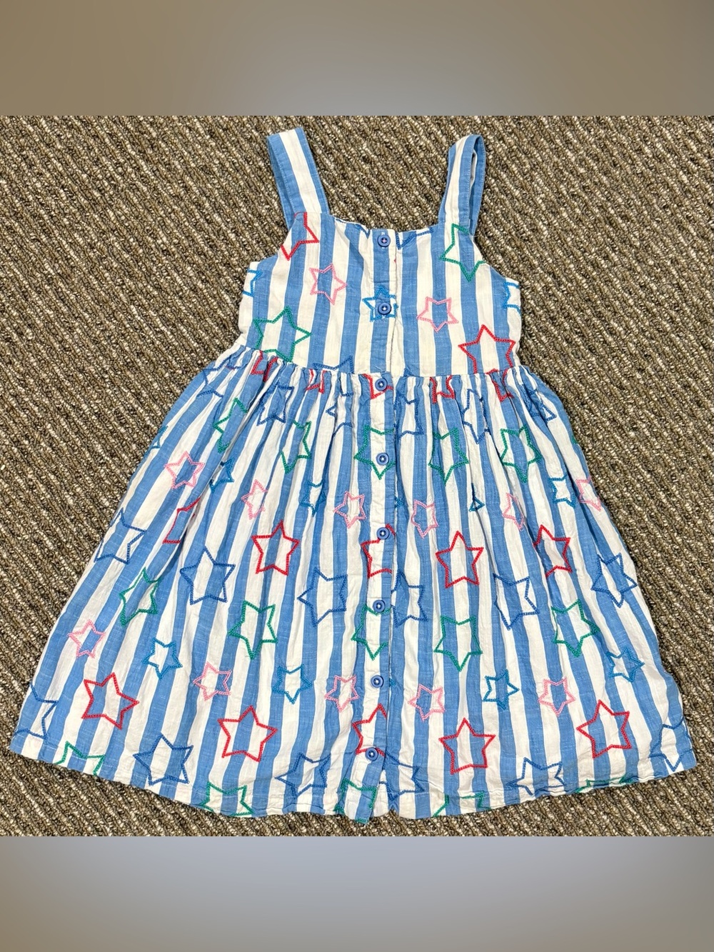 Mini Boden Blue & White Striped Sundress with Multicolor Star Embroidery